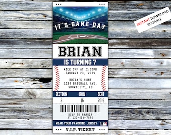 Baseball Ticket Geburtstagseinladung Sport laden Party für Jungen und Mädchen ein Sport Geburtstag Druck Digital bearbeitbare druckbare Karte Canva Vorlage