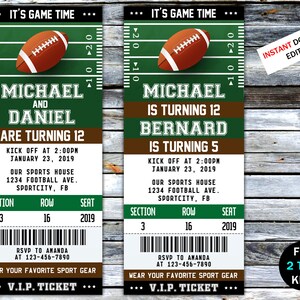Football Ticket Double Birthday Invitation American Football Ticket Invite For Two Kids Football Party Twins Siblings 2 Sport For Boys Print