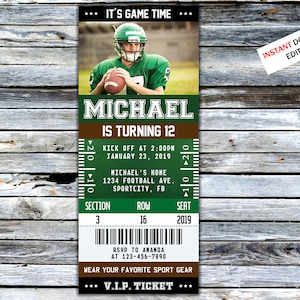 Football Ticket Birthday Invitation American Football Ticket Invite with Photo Party Sport For Boy Birthday Ticket Print Digital Invitation