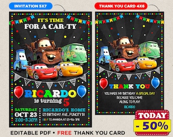 Cars Birthday Invitation Party for Boy Invite 2 Thank You Card Lightning McQueen Theme Mater Instant Download Digital Thanks Printable