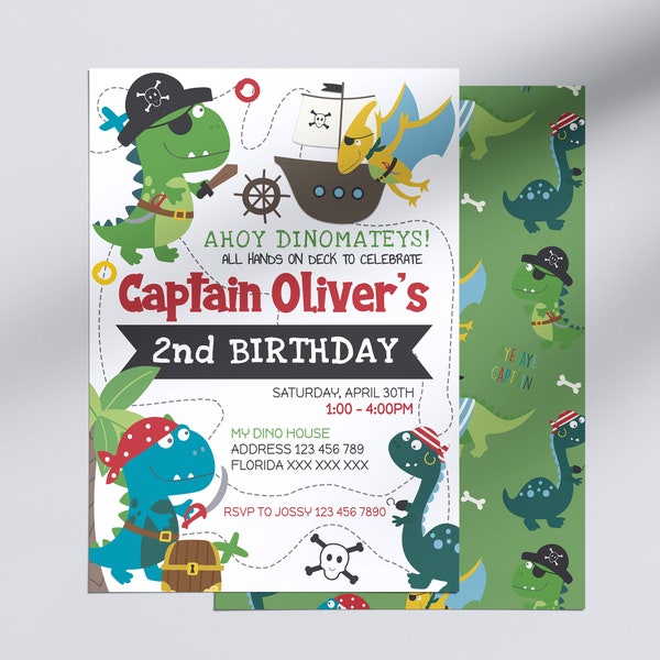 Dinosaur Invitation Pirate | Editable Pirate Invitation | Template Invitation Dinosaur Pirate Instant Download | Edit Yourself then Print