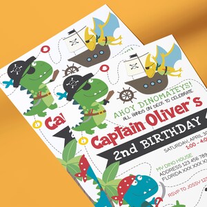 May include: A colourful invitation for a dinosaur themed birthday party. The invitation features a green dinosaur pirate with a black eye patch and a red bandana. The text on the invitation reads "Ahoy Dinomateys! All hands on deck to celebrate Captain Oliver's 2nd Birthday. Saturday, April 30th 1:00-4:00PM. My Dino House. Address 123 456 789. Florida XXX XXX XXX. RSVP to Jossly 123 456."