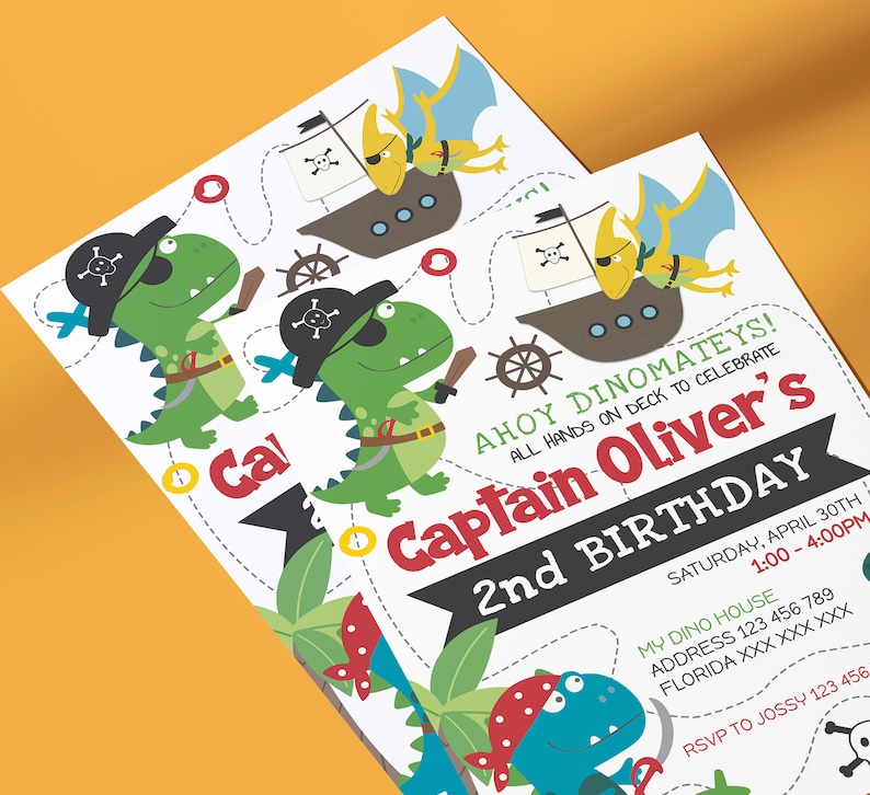 May include: A colourful invitation for a dinosaur themed birthday party. The invitation features a green dinosaur pirate with a black eye patch and a red bandana. The text on the invitation reads "Ahoy Dinomateys! All hands on deck to celebrate Captain Oliver's 2nd Birthday. Saturday, April 30th 1:00-4:00PM. My Dino House. Address 123 456 789. Florida XXX XXX XXX. RSVP to Jossly 123 456."