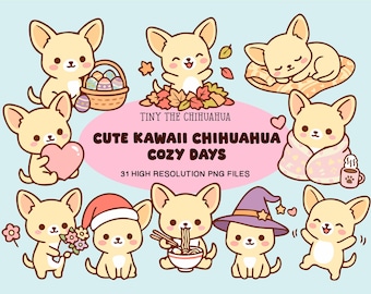 Kawaii Chihuahua Clipart Bundle, Pastel Dog PNG Pack, Cozy Days Illustrations