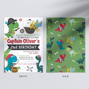 May include: A green and white invitation with a dinosaur pirate theme. The invitation says "Ahoy Dinomateys! All hands on deck to celebrate Captain Oliver's 2nd Birthday". The back of the invitation has a repeating pattern of dinosaur pirates.