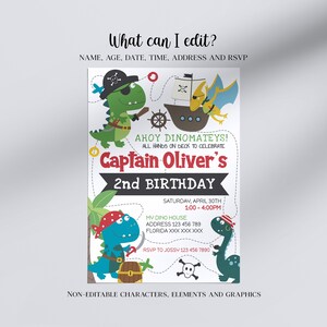 May include: Ahoy Dinomateys! A colourful invitation for a 2nd birthday party with a dinosaur pirate theme. The invitation features a green and blue dinosaur pirate holding a sword and a treasure chest. The text on the invitation reads "Captain Oliver's 2nd Birthday" and includes the date, time, and RSVP information.