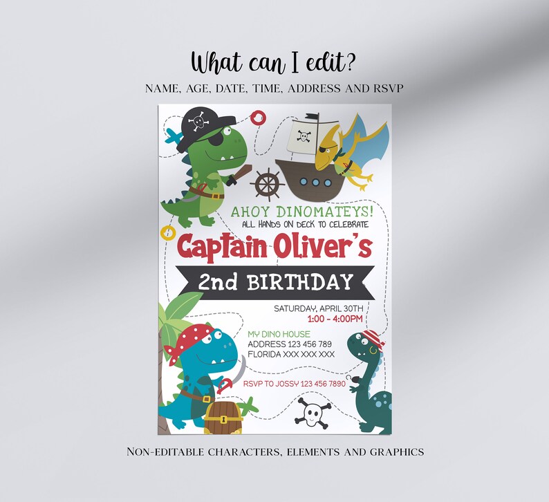 May include: Ahoy Dinomateys! A colourful invitation for a 2nd birthday party with a dinosaur pirate theme. The invitation features a green and blue dinosaur pirate holding a sword and a treasure chest. The text on the invitation reads "Captain Oliver's 2nd Birthday" and includes the date, time, and RSVP information.