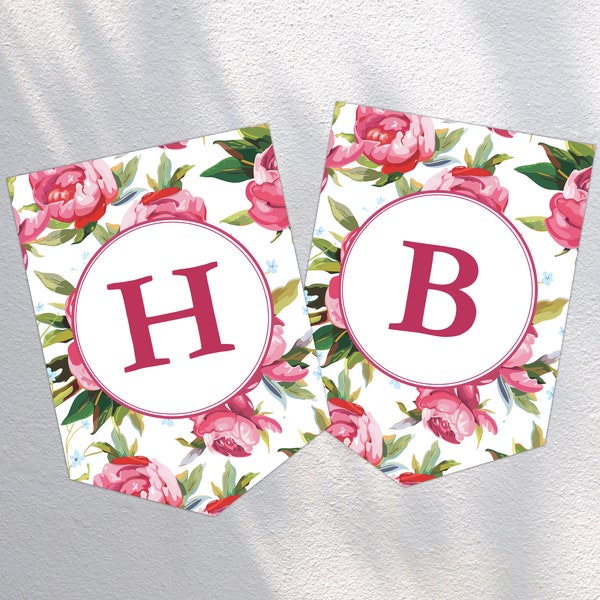 Pink Floral Printable Banner | Editable Letter Flags Template | Wedding, Birthday, Graduation | Instant Download | PDF Editable Text