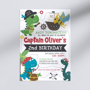 May include: Ahoy Dinomateys! Invitation to Captain Oliver's 2nd Birthday party. The invitation features a dinosaur pirate with a red bandana and an eye patch, holding a sword. The invitation includes the date, time, and location of the party.