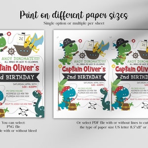 May include: A printable invitation for a dinosaur-themed birthday party. The invitation features a green dinosaur wearing a pirate hat and holding a sword, a pirate ship, and the text "Ahoy Dinomateys! All hands on deck to celebrate Captain Oliver's 2nd Birthday".
