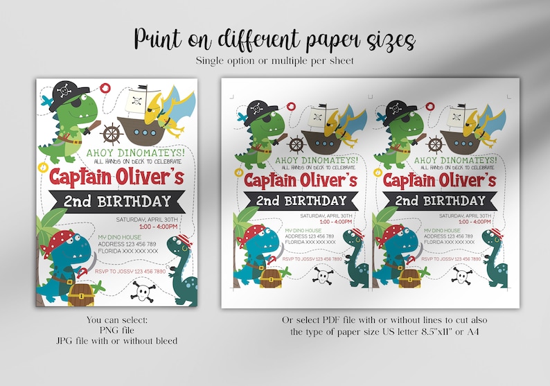 May include: A printable invitation for a dinosaur-themed birthday party. The invitation features a green dinosaur wearing a pirate hat and holding a sword, a pirate ship, and the text "Ahoy Dinomateys! All hands on deck to celebrate Captain Oliver's 2nd Birthday".