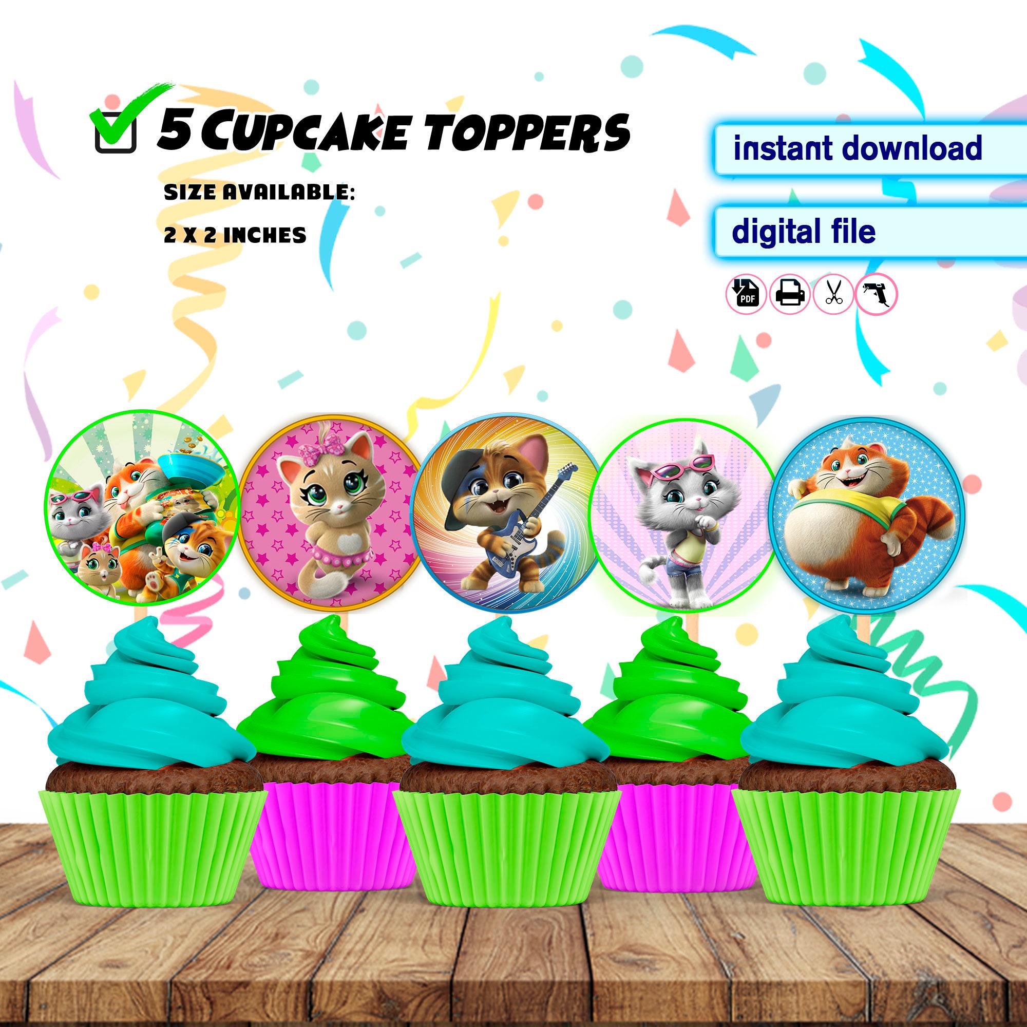 Printable 44 Cats Cupcake Toppers Birthday INSTANT Digital | Etsy