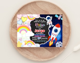 Twins Birthday Invitation Template, Sibling Party | Dual Theme Custom Invite, Personalized Printable