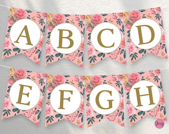 pink floral alphabet banner birthday printable banner letters etsy