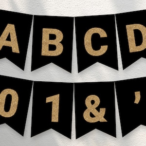 Banner del alfabeto de oro negro, letras de banner imprimibles de cumpleaños de oro brillante de la A a la Z, DESCARGA INSTANTÁNEA