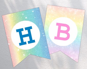 Plantilla de banner degradado arcoíris pastel / PDF editable para primer cumpleaños, descarga instantánea