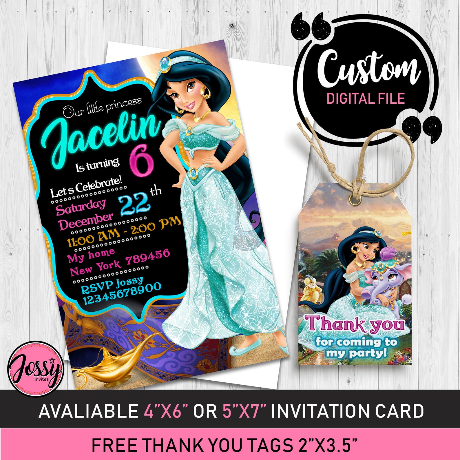 Jasmine Invitation Jasmine Birthday Jasmine Disney Card Etsy