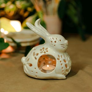 Easter Candle Holder, Candle Holders Decor Ideas, Art Ceramics, Handmade Ceramic Bunny Lantern,   Rustic Rabbit Decor