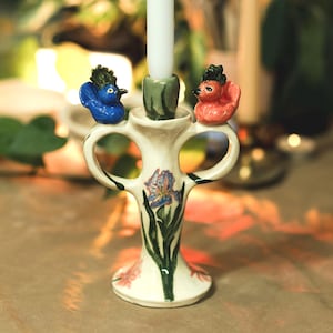 Handmade Ceramic Candlestick Holder – Unique Floral Design with Birds
