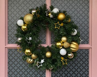 Gold and White Star Artificial Pine Festive Door Wreath