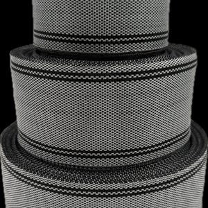 May include: Three stacked rolls of woven webbing tape featuring a repeating black and white micro-checkered pattern. Each roll is finished with a distinct horizontal black stripe running along the top and bottom edges of the textured fabric.