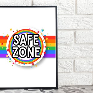 セーフゾーン カード。インクルージョン サイン。LGBTQ+ サイン。教室の装飾。スクール カウンセラー オフィス。学校オフィス。多様性。多様性の指導。