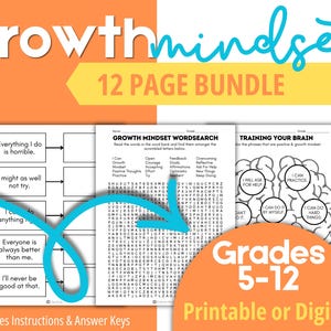 May include: A 12-page Growth Mindset bundle for grades 5-12 featuring printable or digital worksheets. The pages include a word search, a brain-themed activity titled Training Your Brain, and a matching exercise with negative and positive phrases.
