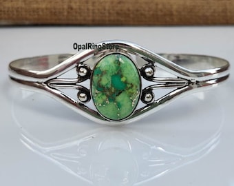 Green Copper Turquoise Cuff: Oval 925 Sterling Silver Bangle