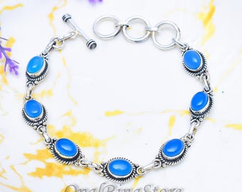 Blue Chalcedony Bracelet 925 Sterling Silver, Dainty Gemstone Bracelet, Handmade Minimalist Jewelry