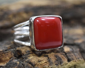 Handmade Red Coral Gemstone Ring: 925 Sterling Silver Band