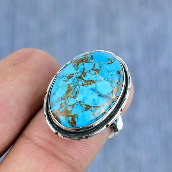 Blue Copper Turquoise Ring: Handmade 925 Sterling Silver Mohave