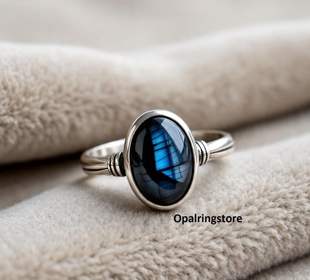 Oval Labradorite Sterling Silver Ring - Vintage Bohemian Style, Size 8, Gift Box Included