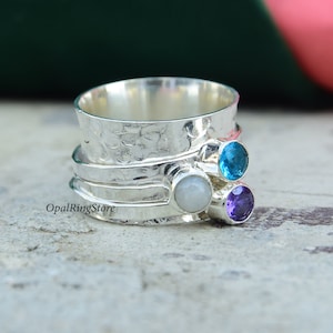 Rainbow Moonstone, Blue Topaz & Amethyst Spinner Ring: 925 Sterling Silver Fidget Jewelry