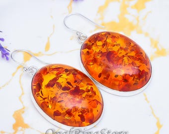 Baltic Amber Dangle Earrings, Handmade Sterling Silver Boho Gemstone Jewelry