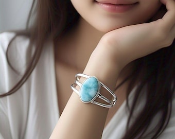 Handmade Larimar Cuff Bangle: Oval 925 Sterling Silver Bracelet