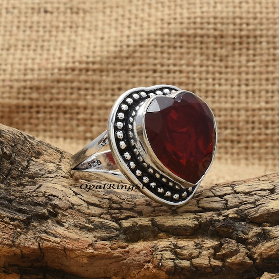 ハートガーネットリング：ハンドメイド925スターリングシルバーの