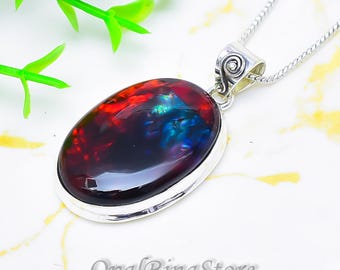 Handmade Ammolite Pendant Necklace, Sterling Silver Boho Gemstone Jewelry