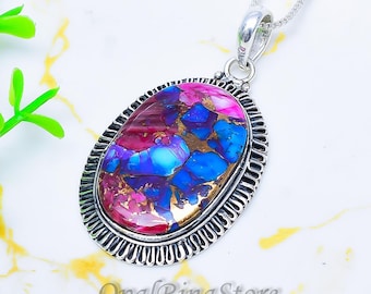 Kingman Pink Copper Turquoise Sterling Silver Pendant, Artisan Boho Jewelry