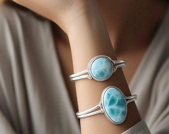 Handmade Larimar Cuff Bangle: Oval Sterling Silver Bracelet