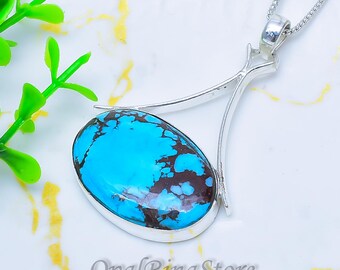 Tibetan Turquoise Pendant Necklace – 925 Sterling Silver Boho Jewelry, Handmade Tribal Gemstone Gift