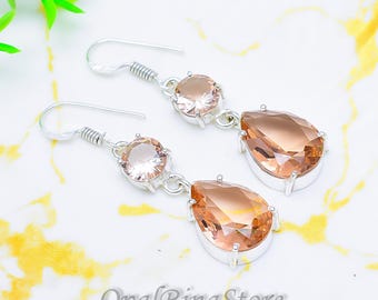 Handmade Morganite Sterling Silver Drop Earrings, Blush Pink Gemstone Bridal Jewelry