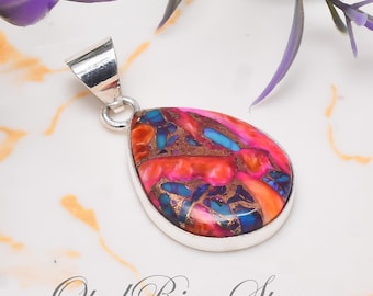 Pink Oyster Copper Turquoise Pendant,  Sterling Silver Necklace