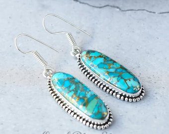 Blue Copper Turquoise Earrings: Sterling Silver Boho Dangle