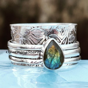 Handgefertigter Labradorit Spinner Ring: 925 Sterling Silber Meditations Schmuck