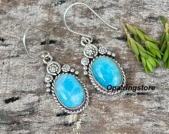 Larimar Gemstone Earrings: Sterling Silver Oval Shape Handmade Jewelry