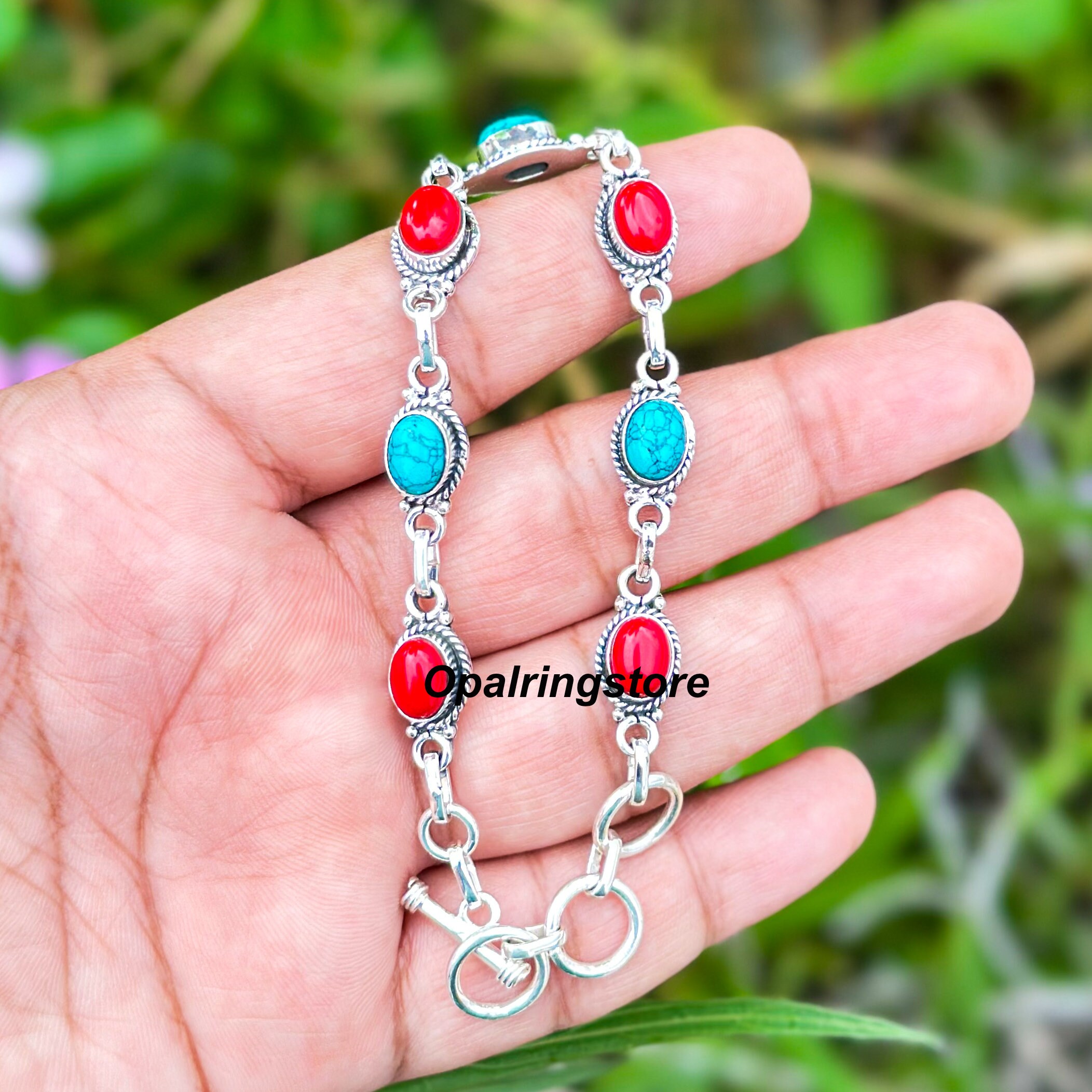 Bracelet En Turquoise Naturelle Fait Main - Pierres 100% Naturelles - Réglable (7 Pouces) - 65 Carats - Neuf Sans Emballage