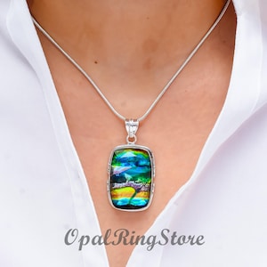 Collar con colgante de ópalo Aurora: plata de ley 925 hecha a mano, piedra preciosa iridiscente.