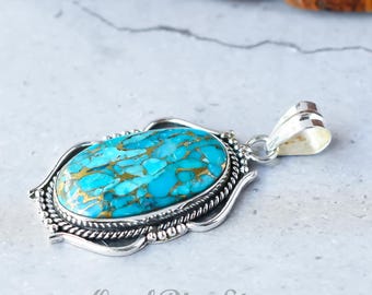 Handmade Blue Copper Turquoise Pendant: Sterling Silver Gemstone Necklace