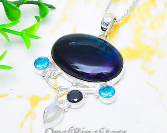 Ammolite Blue Topaz Moonstone Tanzanite Sterling Silver Pendant Necklace Boho Statement Artisan Handmade