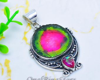 Handmade Watermelon Tourmaline Opal Pendant Necklace, 925 Sterling Silver Boho Minimalist Jewelry